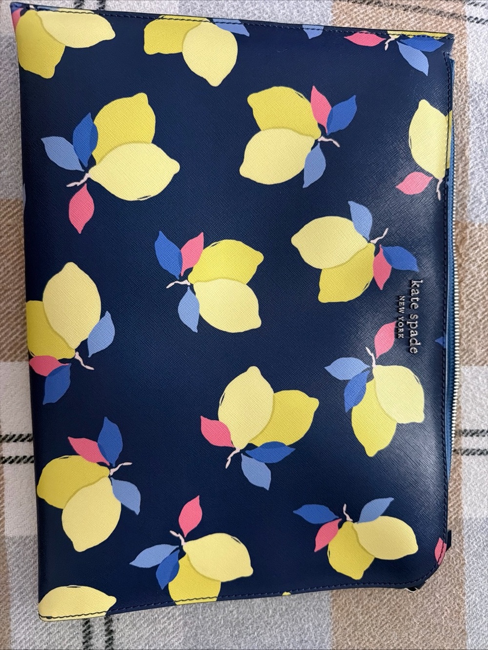 kate spade Navy Lemon Print Zip Pouch with Pink and Blue Accents 11x15